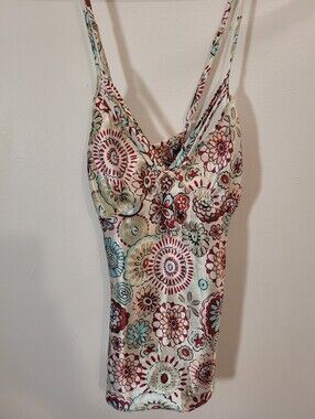 La Vie En Rose Vintage Y2k Floral Cami  Satiny Tank Top in Cream, Red, Teal - S